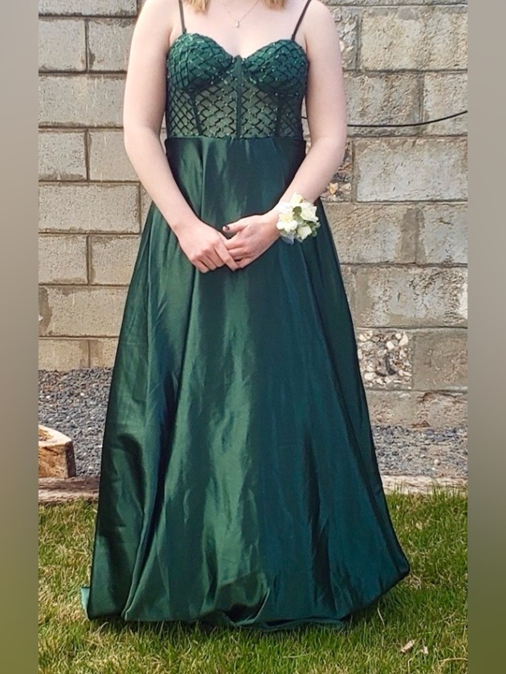 Windsor Dark Green Satin Prom Gown with Beaded Lattice Bodice - Picture 5 of 12